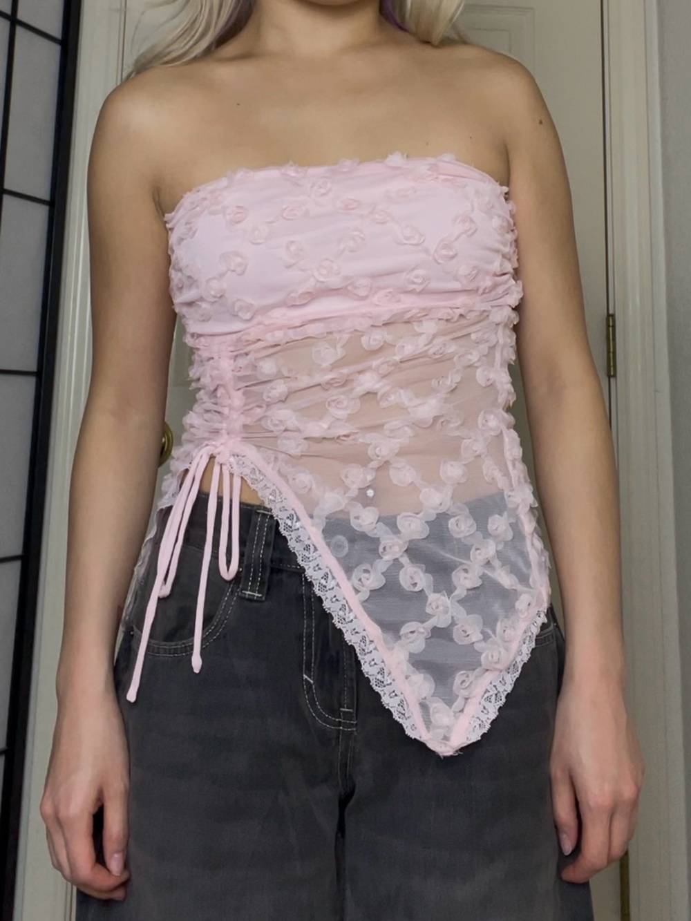 Urban Outfitters - Kimchi Blue | Light Baby Pink Strapless Mesh Floral Tube Top - Picture 4 of 7